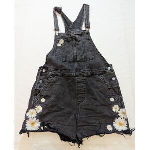 Driftwood Floral Embroidered Denim Shortalls Cutoff Black Women’s M